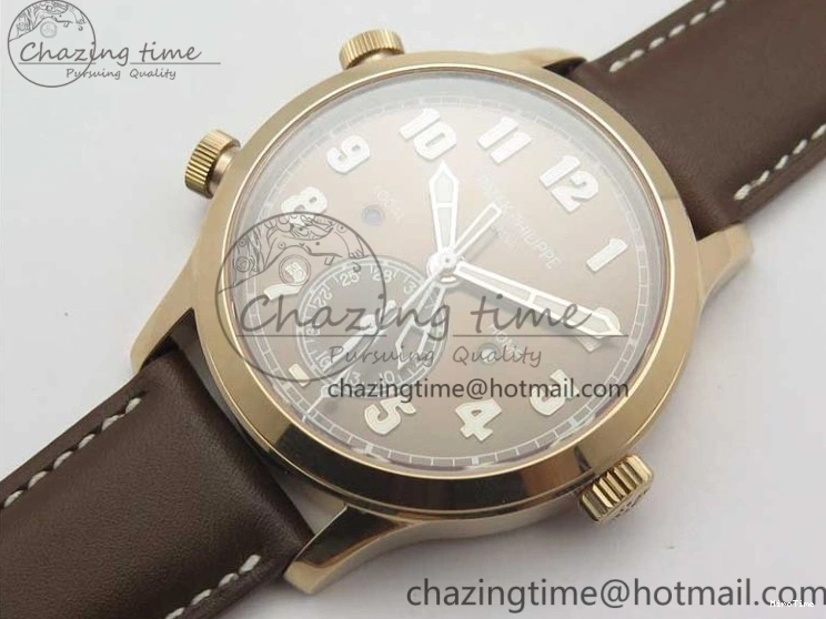 MIROTIME 1219 Calatrava 5524R Pilot Travel Time RG GRF Brown Dial on Brown Leather Strap MIYOTA TopPick 7155